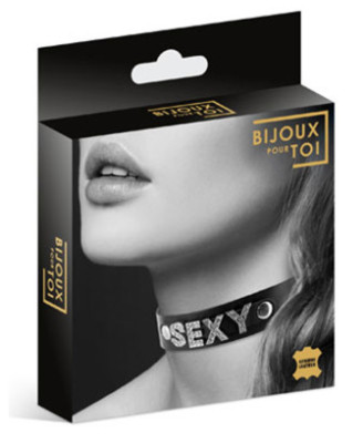 Collier en cuir noir SM avec Sexy en strass 